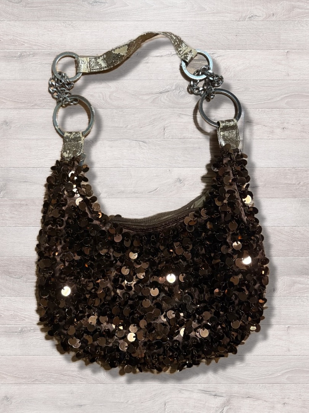 Beaded Metallic Sequin Hobo Style Evening Purse Brown Y2K 2000s Bronze